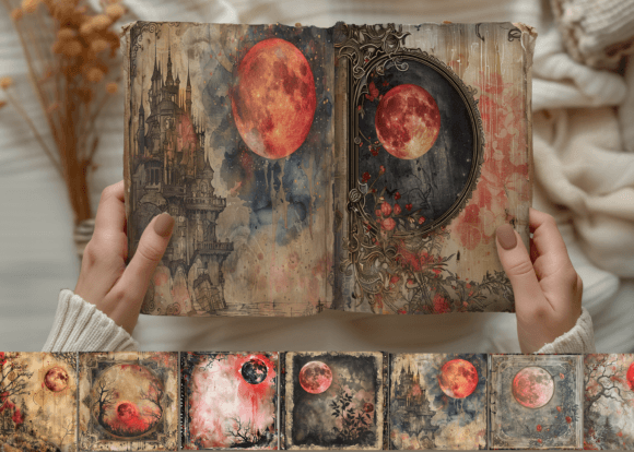 Dark Romance Meets Vintage Craft: Gothic Moon Junk Journal Paper