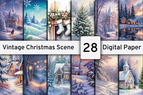 Unlock the Magic of 28 Vintage Christmas Scene Digital Paper